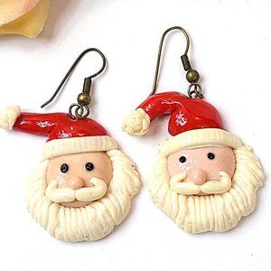 Vintage Santa Claus Face Dangle Earrings Pierced Red Hat Christmas Holiday